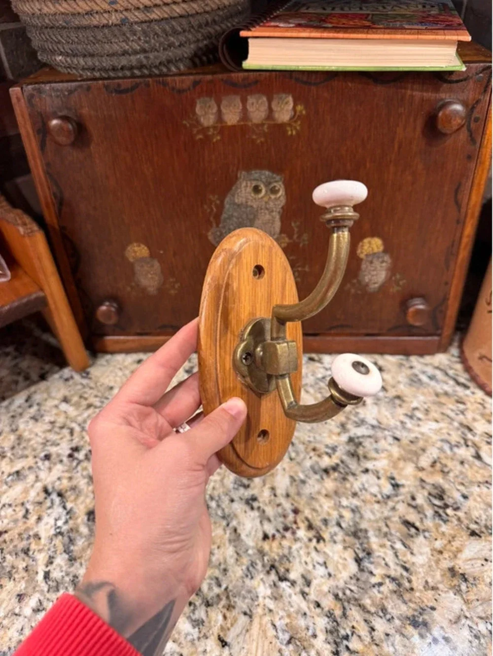 Vintage porcelain and oak wall hook
